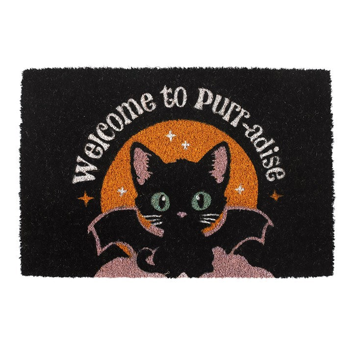 Black Welcome to Purr-adise Cat Doormat Top Black Orange