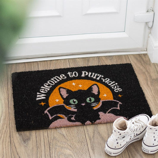 Black Welcome to Purr-adise Cat Doormat Top Black Orange