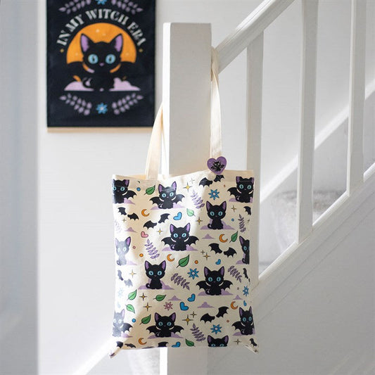 Cute and Creepy Cat Print Polycotton Tote Bag with Enamel Pin N/A