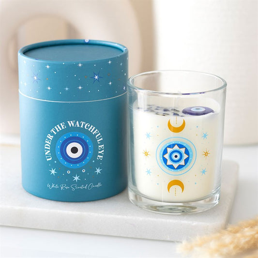 Under Watchful Eyes White Rose Candle with Crystals N/A