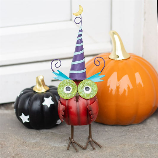 Red Metal Owl Ornament with Witch Hat N/A