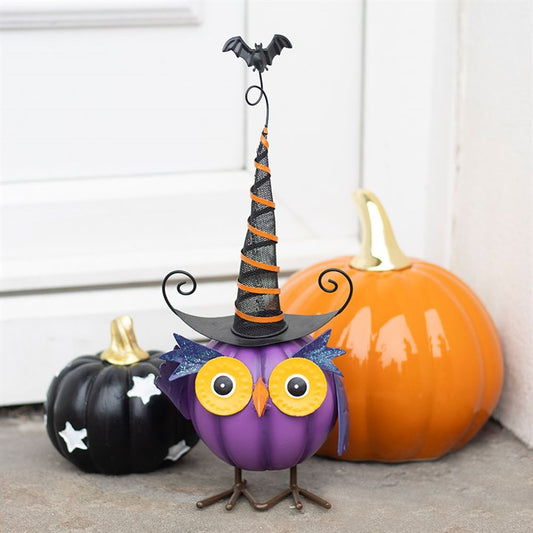 Purple Metal Owl Ornament with Witch Hat N/A