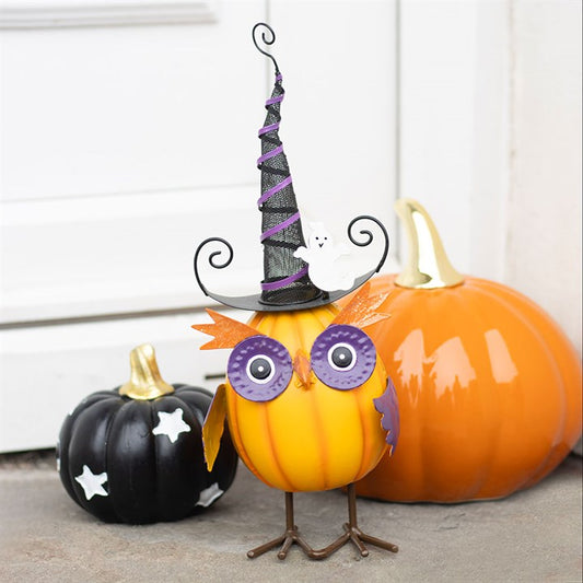 Orange Metal Owl Ornament with Witch Hat and Ghost N/A
