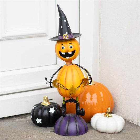 Orange Metal Pumpkin Man Ornament with Witch Hat N/A