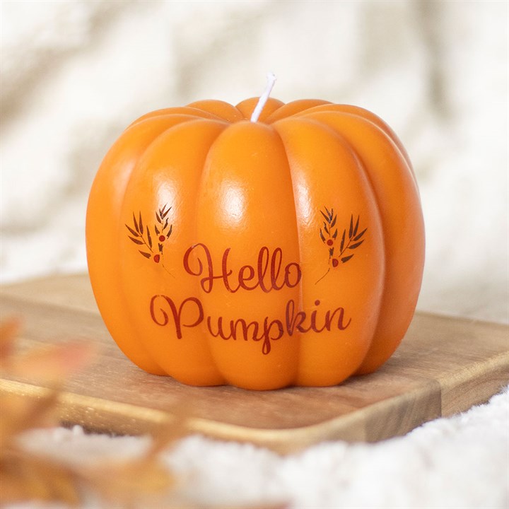 Hello Pumpkin Shaped Candle Front Orange Red