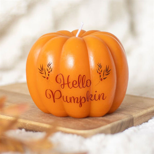 Hello Pumpkin Shaped Candle Front Orange Red