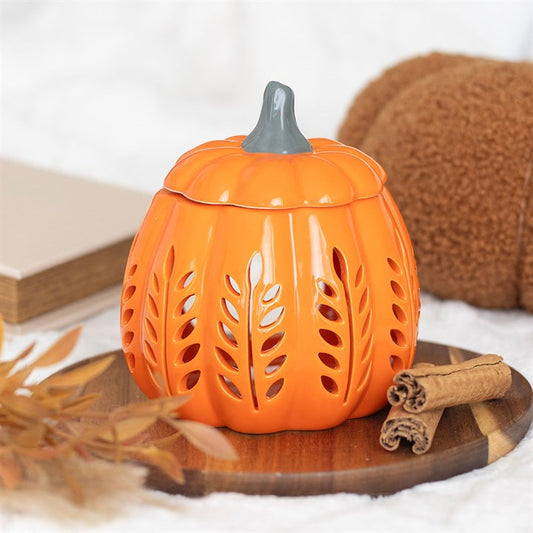 Orange Leaf Cut Out Pumpkin Oil Burner and Wax Warmer Front Orange Grey