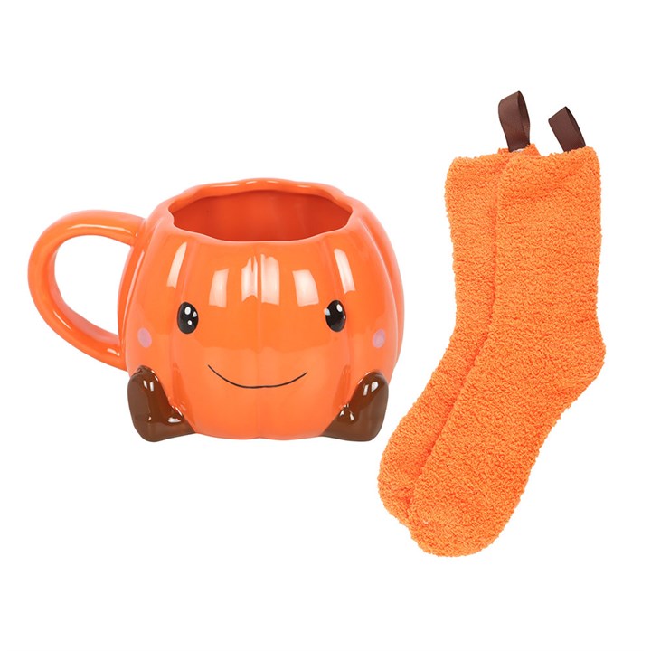 Cute Smiling Pumpkin Mug and Socks Set N/A
