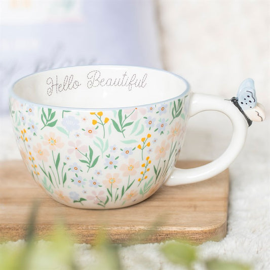 Hello Beautiful Ditsy Floral Print Mug with Butterfly N/A