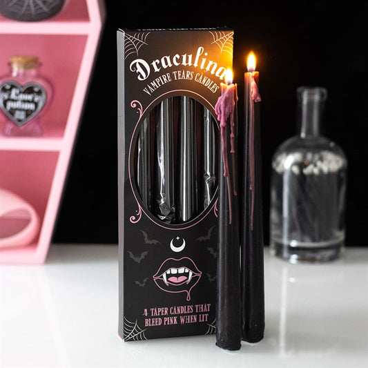 Set of 4 Pink Vampire Tears Taper Candles Front Black Pink