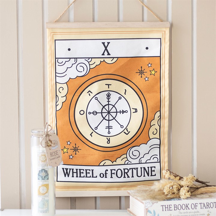 The Wheel of Fortune Vintage Tarot Wall Hanging Front Orange Cream