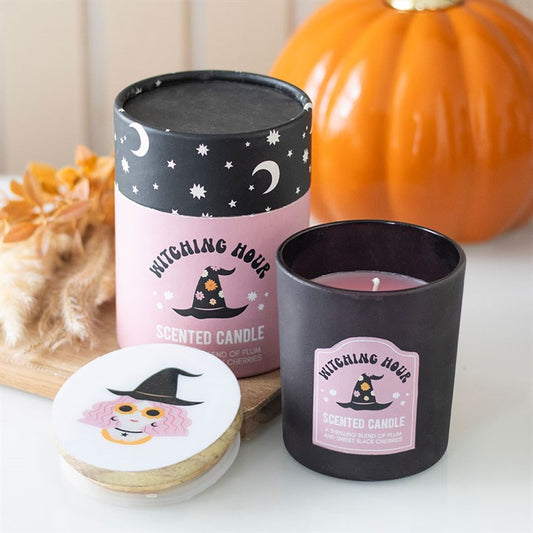 Witching Hour Plum and Black Cherry Candle front black pink
