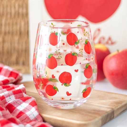 Apple Print Stemless Glass front red white