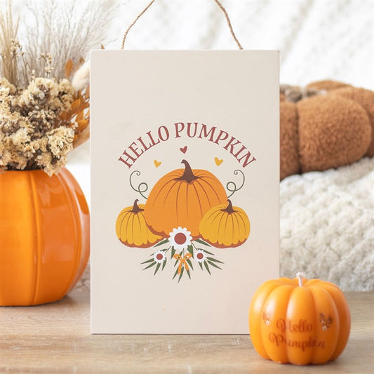 Autumn Days Hello Pumpkin Hanging Sign front orange white