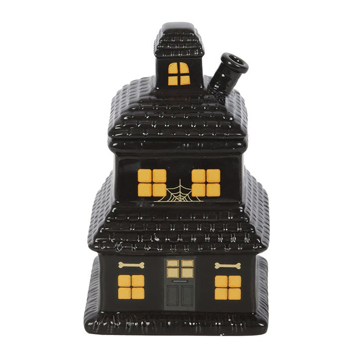 Black Haunted House Oil Burner and Wax Warmer front black yellow
