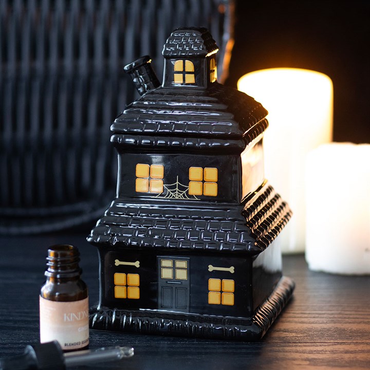 Black Haunted House Oil Burner and Wax Warmer Front Black Yellow