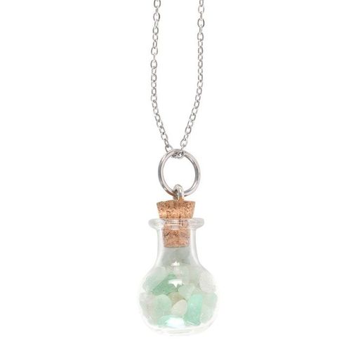 Luck Green Aventurine Crystal Chip Potion Bottle Necklace front blue white