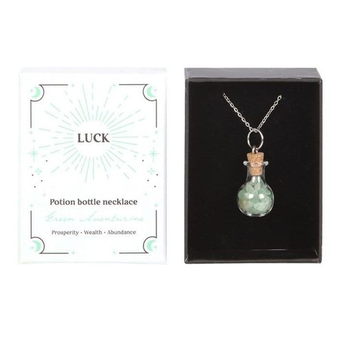 Luck Green Aventurine Crystal Chip Potion Bottle Necklace front black white
