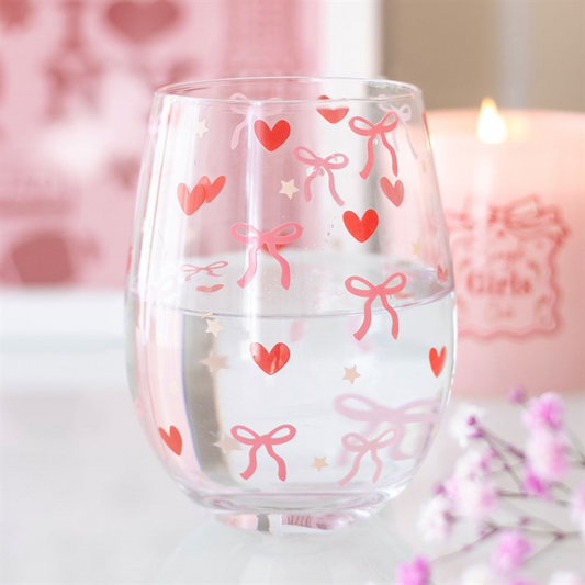 Bow and Heart Print Stemless Glass N/A