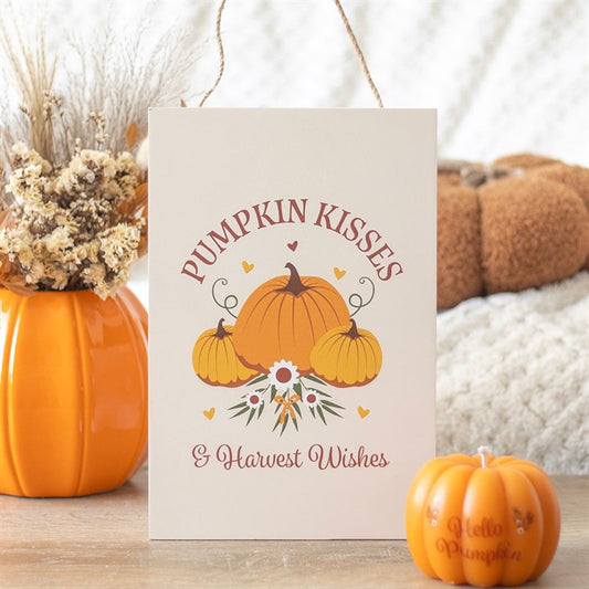 Pumpkin Kisses & Harvest Wishes Hanging Sign front white orange