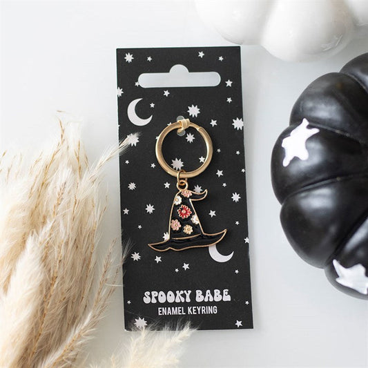 Spooky Babe Witch Hat Keyring top black white
