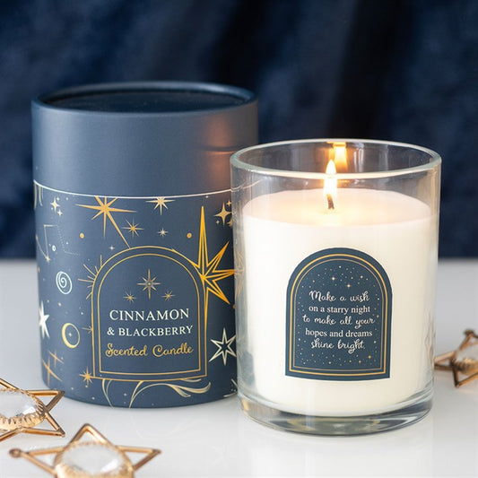 Starry Night Cinnamon & Blackberry Candle front white blue