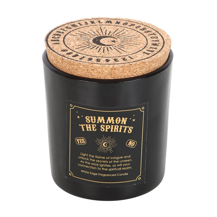 Summon the Spirits Talking Board White Sage Candle front black gold