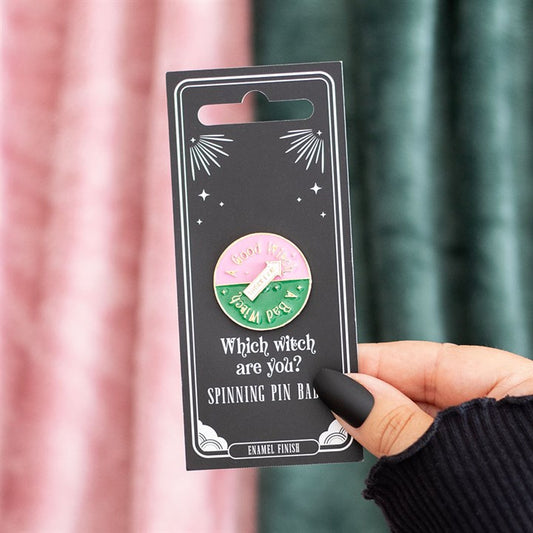 Which Witch Are You Spinning Pin Badge front pink green