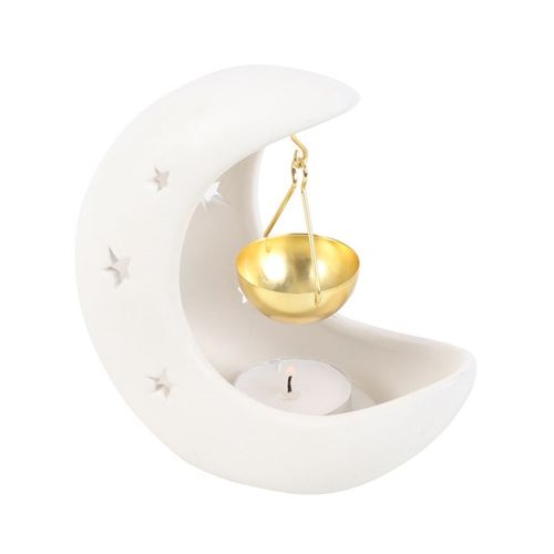 White Crescent Moon Hanging Oil Burner with Gold Dish front white gold