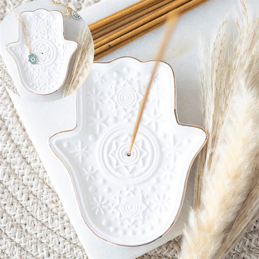 White Hand of Hamsa Incense Holder and Trinket Dish top white brown