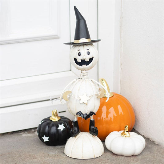 White Metal Pumpkin Man Ornament with Witch Hat front white black