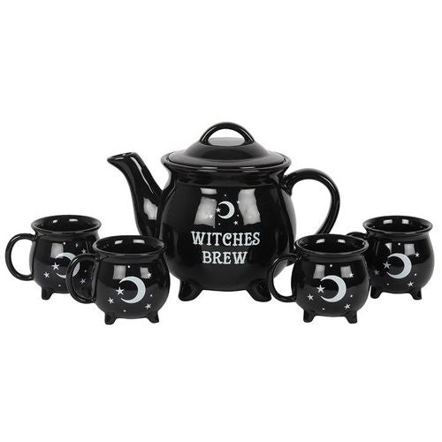 Witches Brew Ceramic Cauldron Tea Set Front black white
