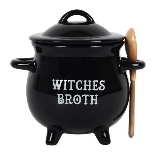 Witches Broth Cauldron Soup Bowl with Broom Spoon front black white
